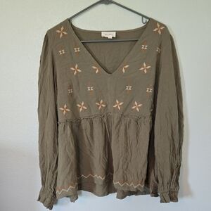 Heyson Olive Green Embroidered Blouse Size Large
